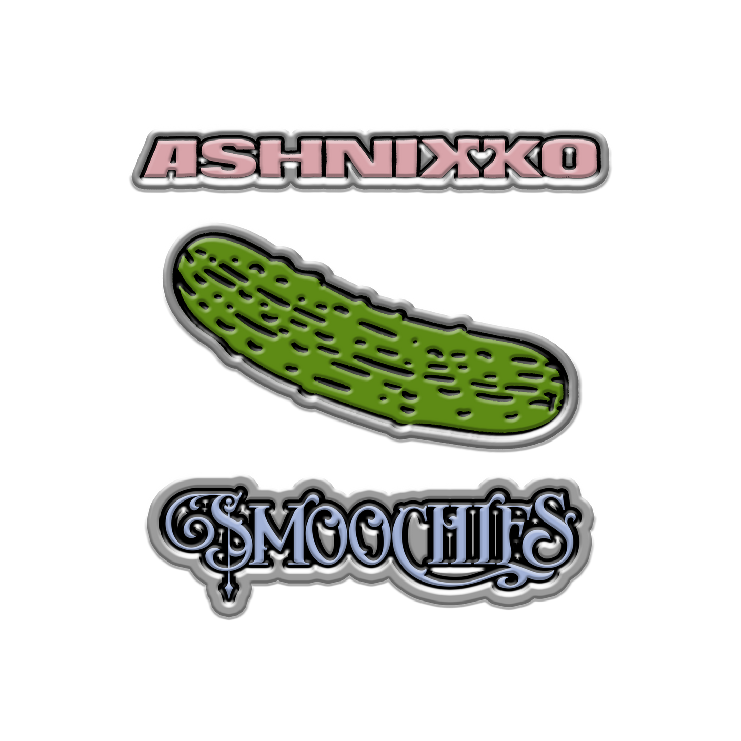 Ashnikko Smoochies pin set. Includes logo pins and pickle pin.