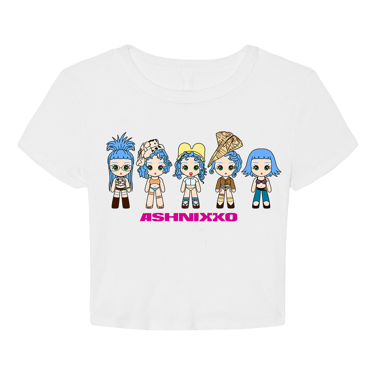 A slim fit white crop tee with custom artwork from Ashnikko.