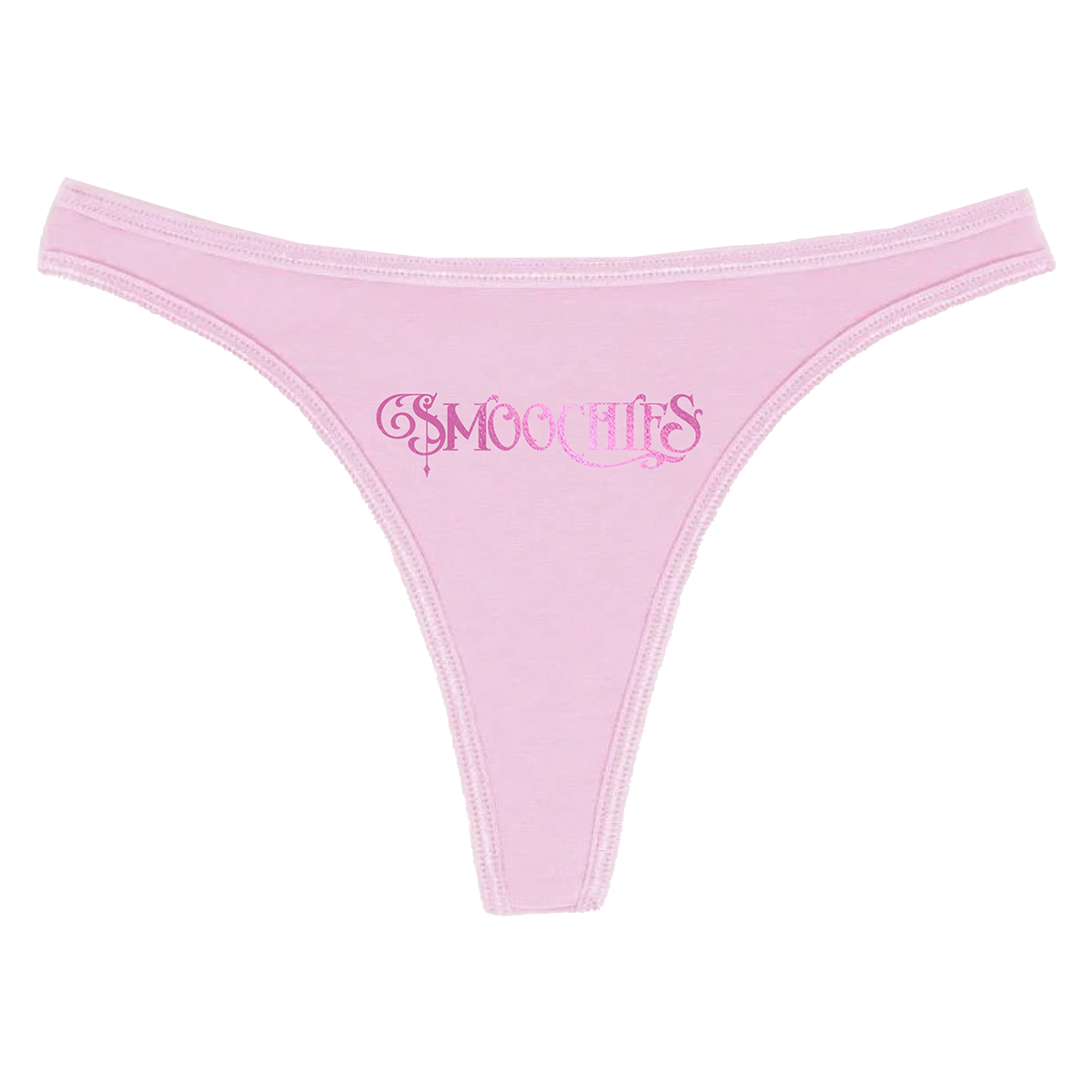 A pink thong with Smoochies logo in pink foil treatment, from Ashnikko.