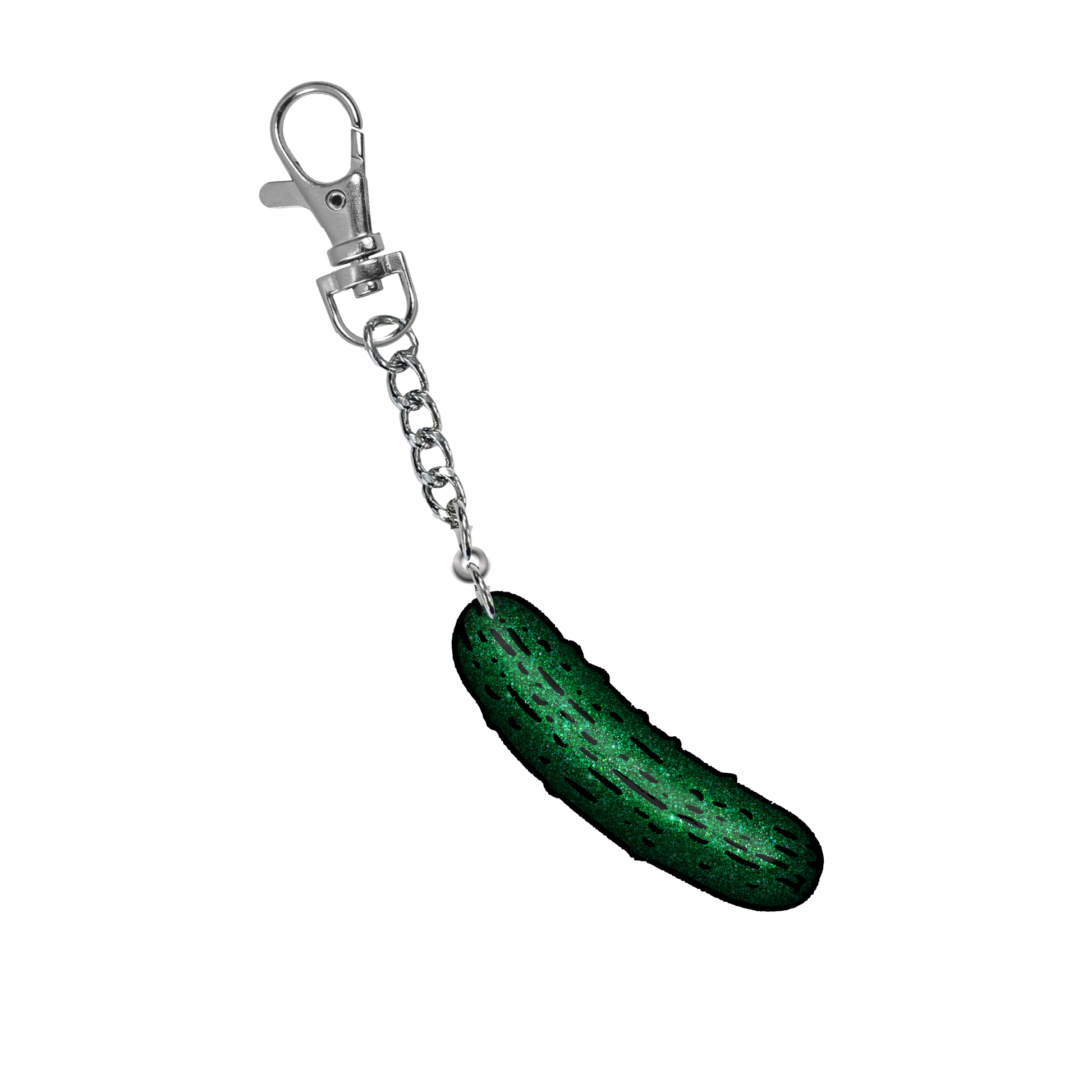 A sparkly green pickle charm keychain, from the latest album from Ashnikko, Smoochies.