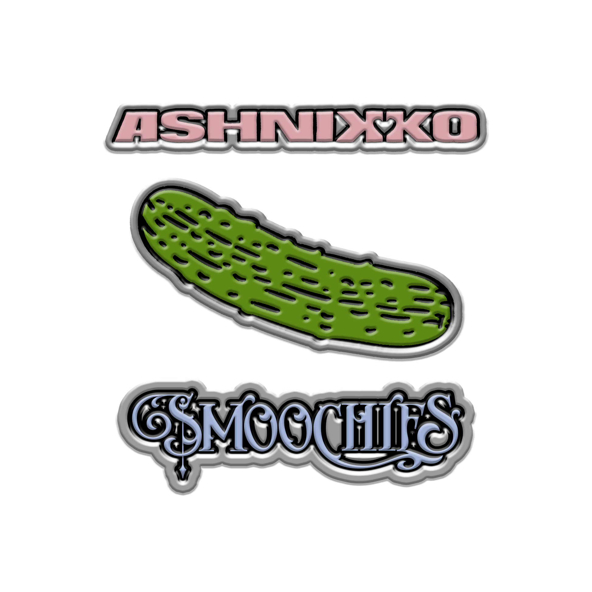 Ashnikko Smoochies pin set. Includes logo pins and pickle pin.