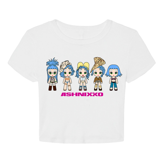 A slim fit white crop tee with custom artwork from Ashnikko.