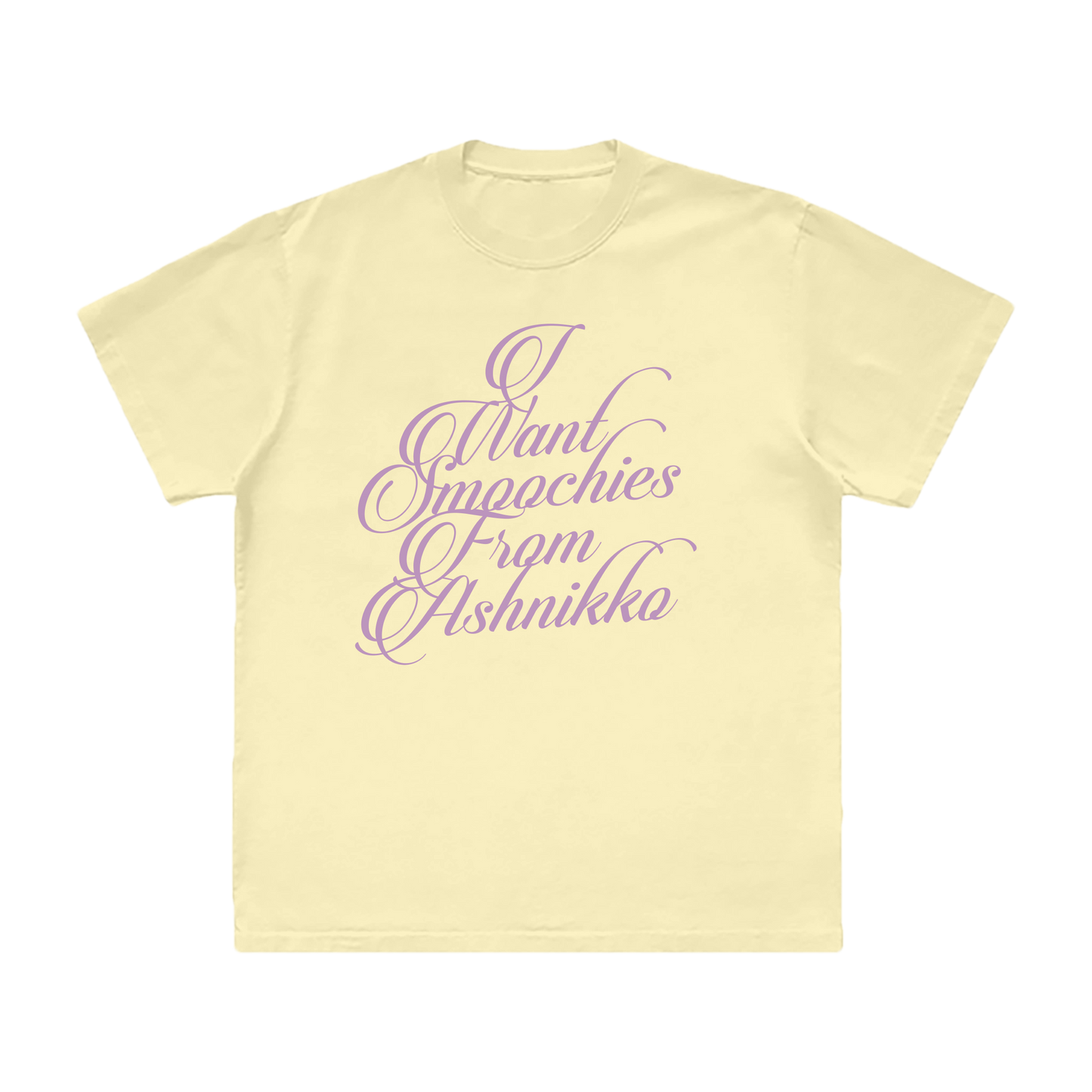 A butter yellow cotton tee with custom purple artwork from Ashnikko.