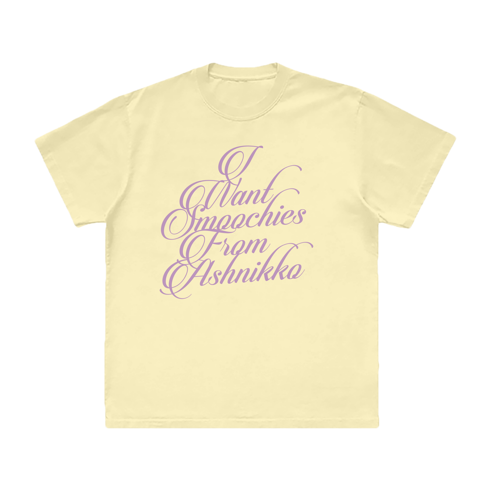 A butter yellow cotton tee with custom purple artwork from Ashnikko.