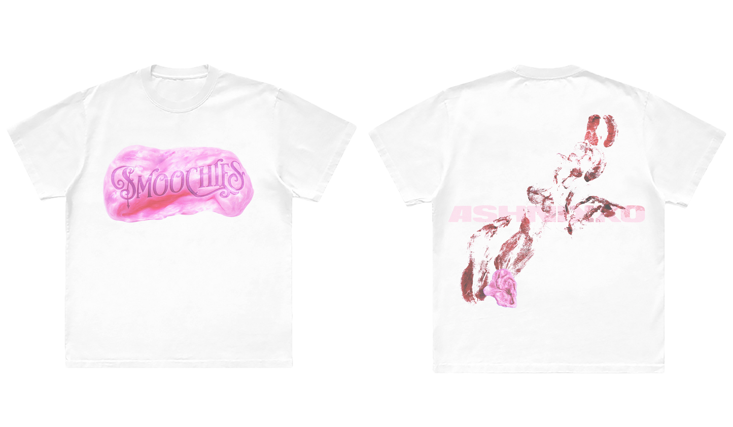 A classic white cotton tee with Smoochies artwork on the front and back, from Ashnikko.