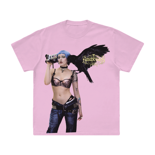 A classic pink cotton tee with custom Smoochies artwork on the front, from Ashnikko. 