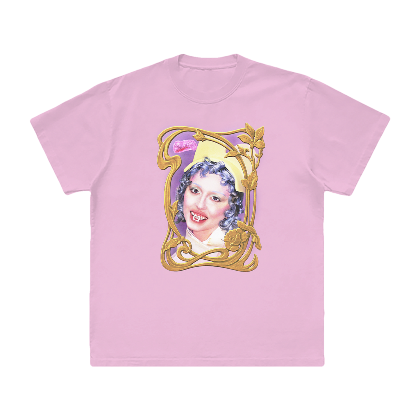 A classic pink cotton tee with custom Smoochies artwork on the front, from Ashnikko. 