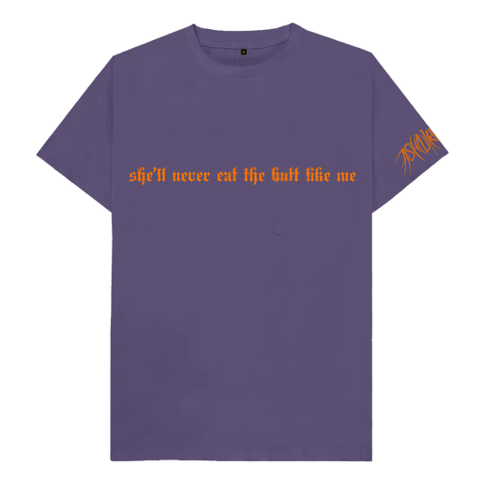 A purple cotton Halloweenie lyric tee from Ashnikko.