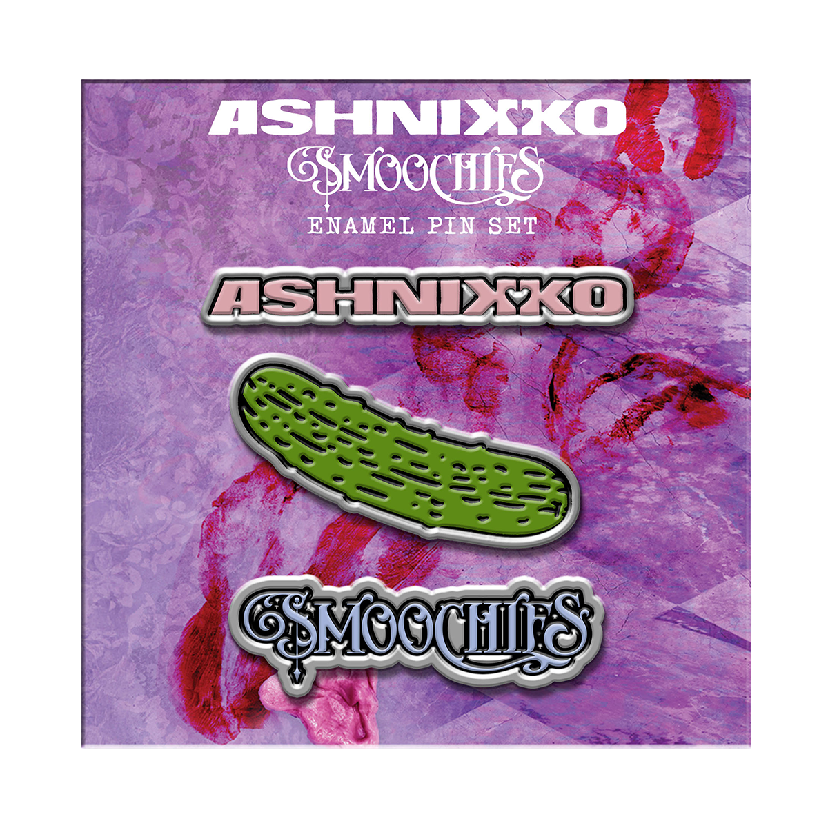 Ashnikko Smoochies pin set. Includes logo pins and pickle pin.