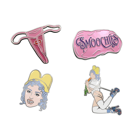 A four piece enamel pin set from Ashnikko's latest album, Smoochies.