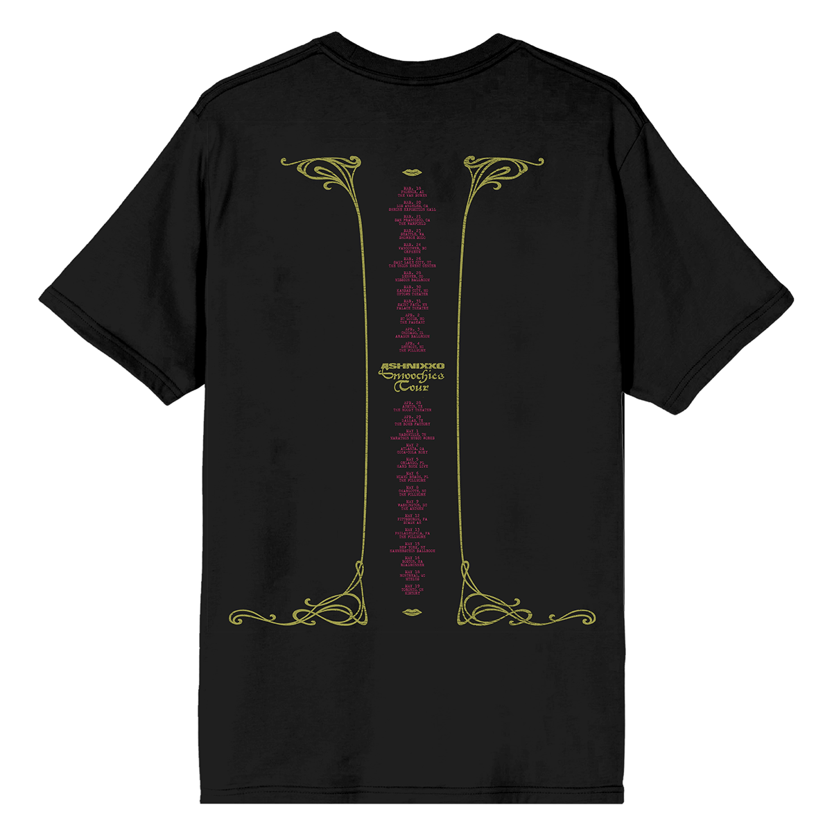 A black cotton tee with Smoochies album artwork on the front and official US tour dates and locations on the back, from Ashnikko.