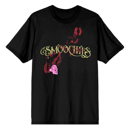 A black cotton tee with Smoochies album artwork on the front and official US tour dates and locations on the back, from Ashnikko.