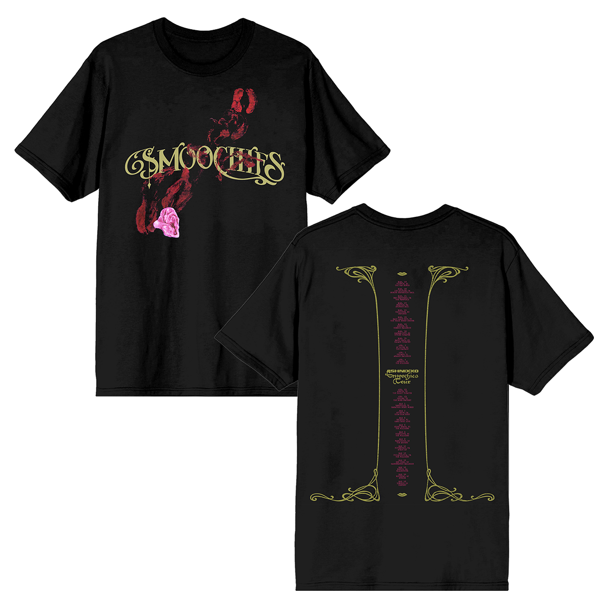 A black cotton tee with Smoochies album artwork on the front and official US tour dates and locations on the back, from Ashnikko.