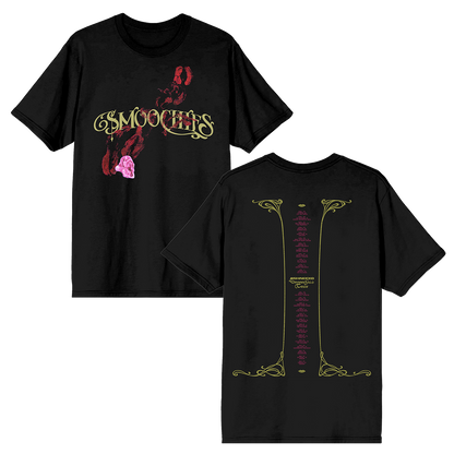 A black cotton tee with Smoochies album artwork on the front and official US tour dates and locations on the back, from Ashnikko.