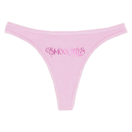 A pink thong with Smoochies logo in pink foil treatment, from Ashnikko.